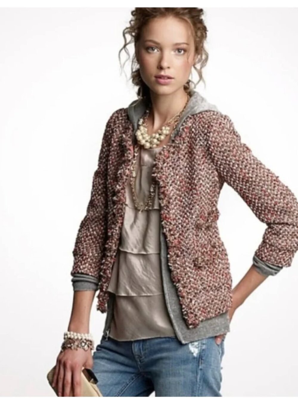 J.Crew Collection Coral Tweed Jacket Blazer Fringe Trim 3/4 Sleeve 8 Like New